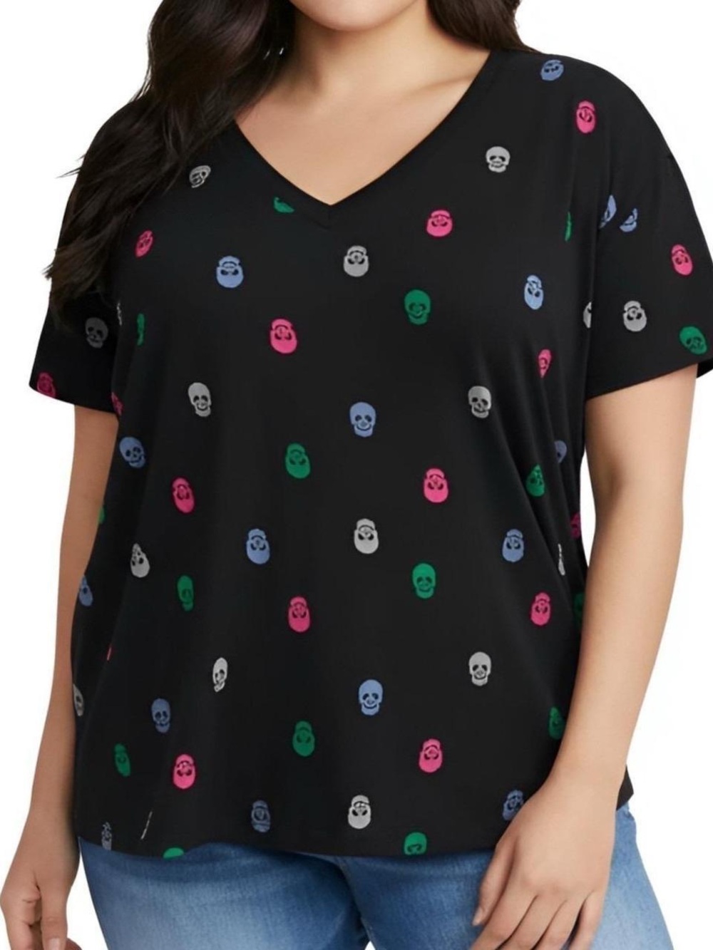 Torrid Heritage Jersey Relaxed V-Neck Tee skulls sz 2